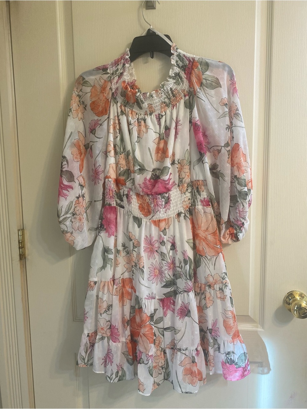 Premier Amour White Floral Smocked Dress with Pink and Orange Blooms